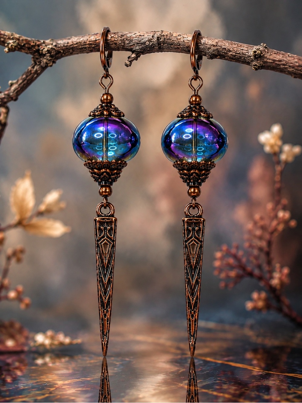 Aurora Czech Glass Artisan Earrings Blue Purple Iridescent Copper MTO